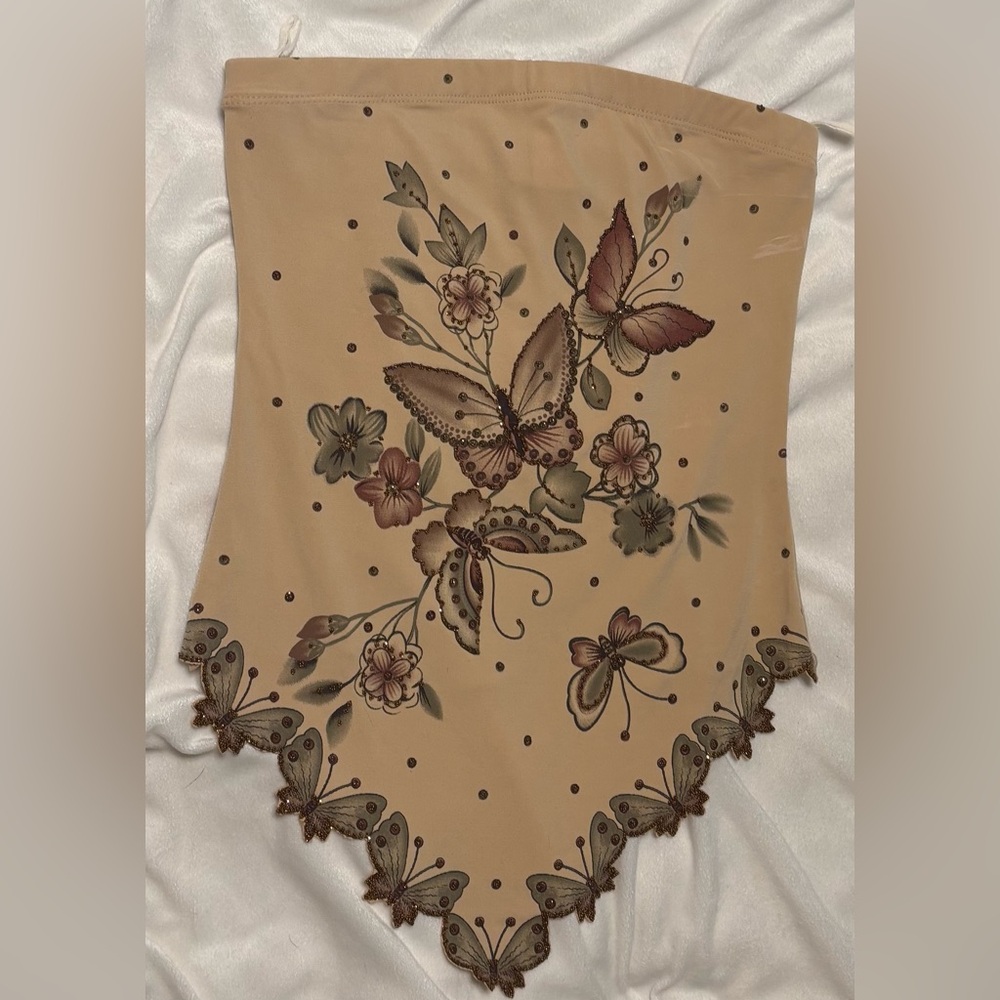Kong Beige Embroidered Butterfly Flower Tube Top